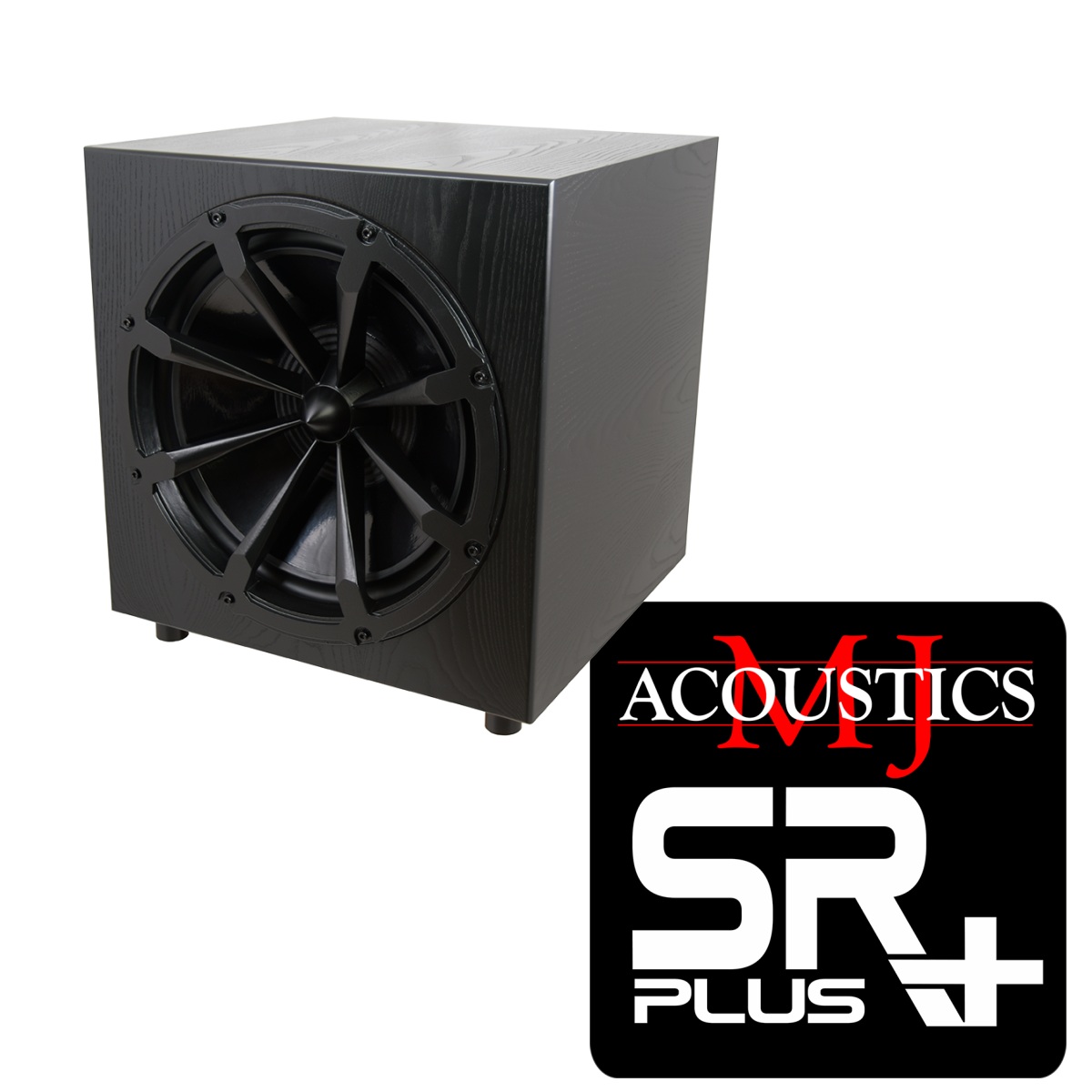 Black wooden subwoofer cabinet with a large circular front driver, positioned at an angle, logoed MJ Acoustics SR Plus in the bottom-right corner.
