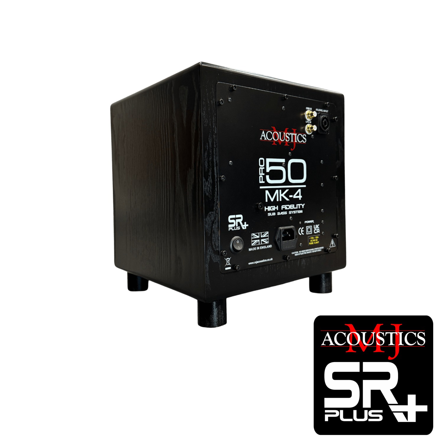 Black MJ Acoustics 50 MK-4 high-fidelity subwoofer cabinet with rear panel controls and logo, mounted on legs.