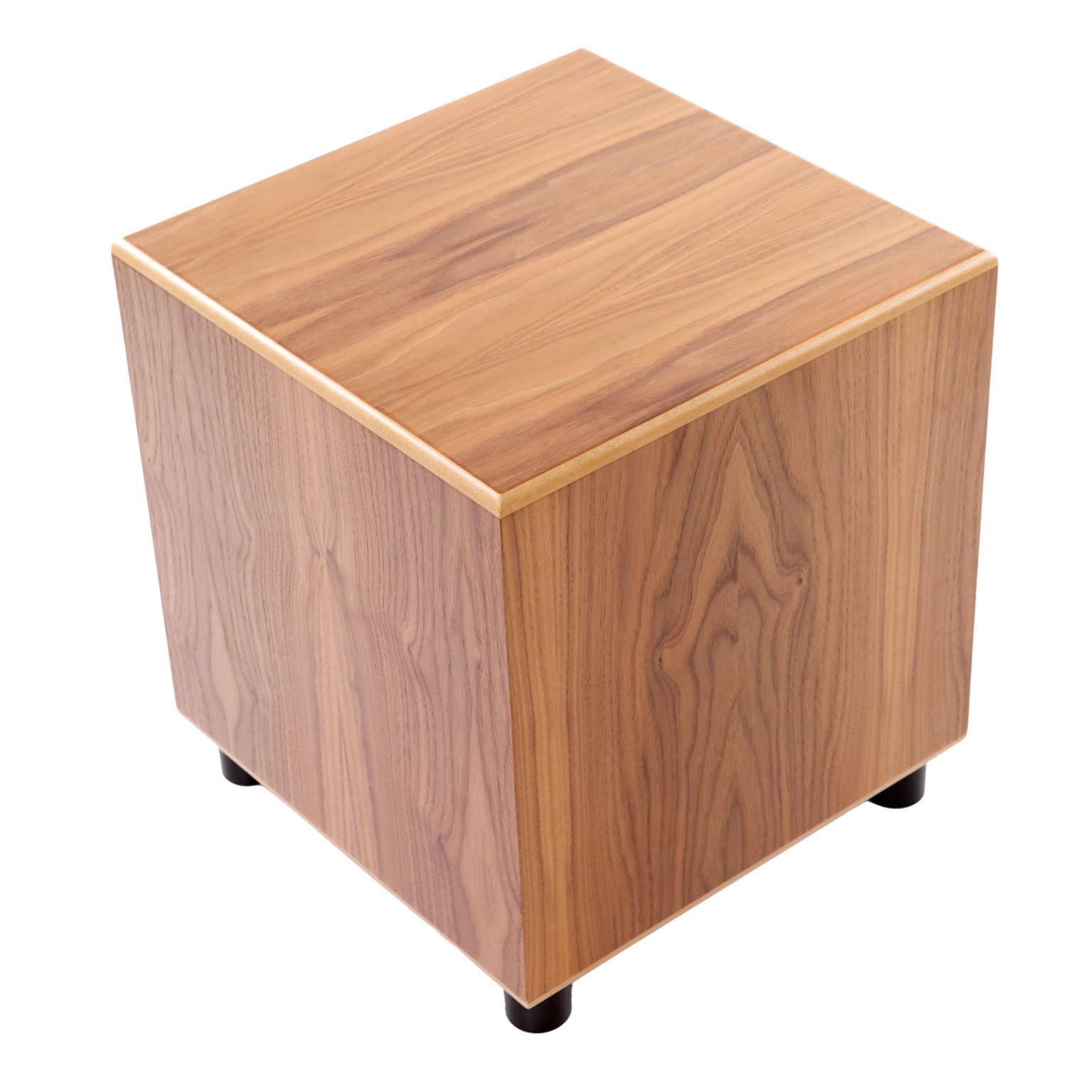 Wooden cube stool with a natural wood grain finish and four short black legs.