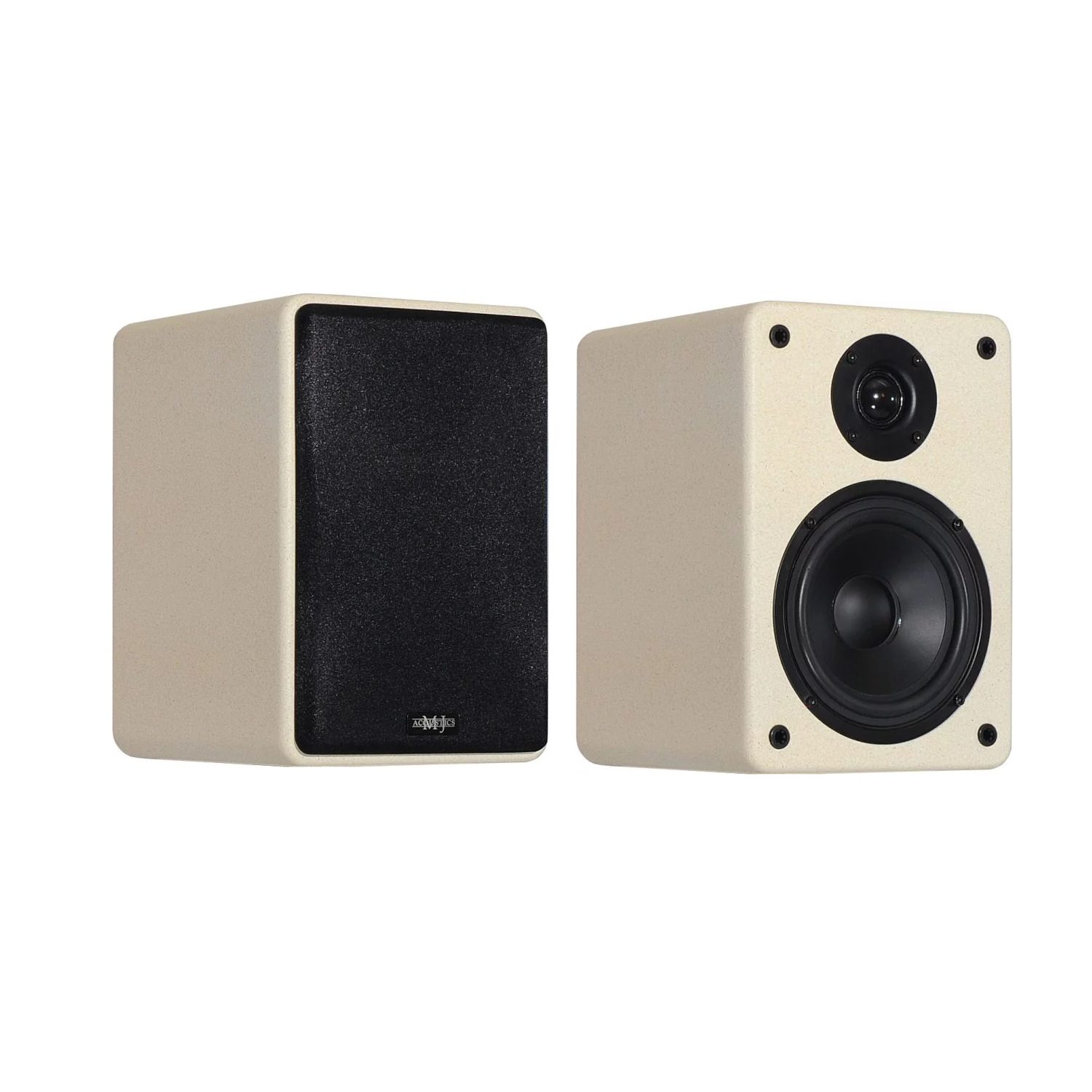 Pair of beige bookshelf speakers, one with a black grille and the other exposing a woofer and tweeter side by side