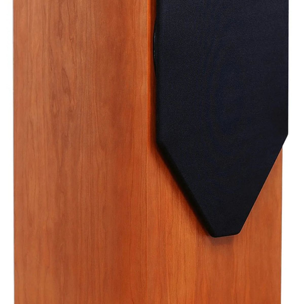 Close-up of a black necktie hanging against a warm wooden door panel.
