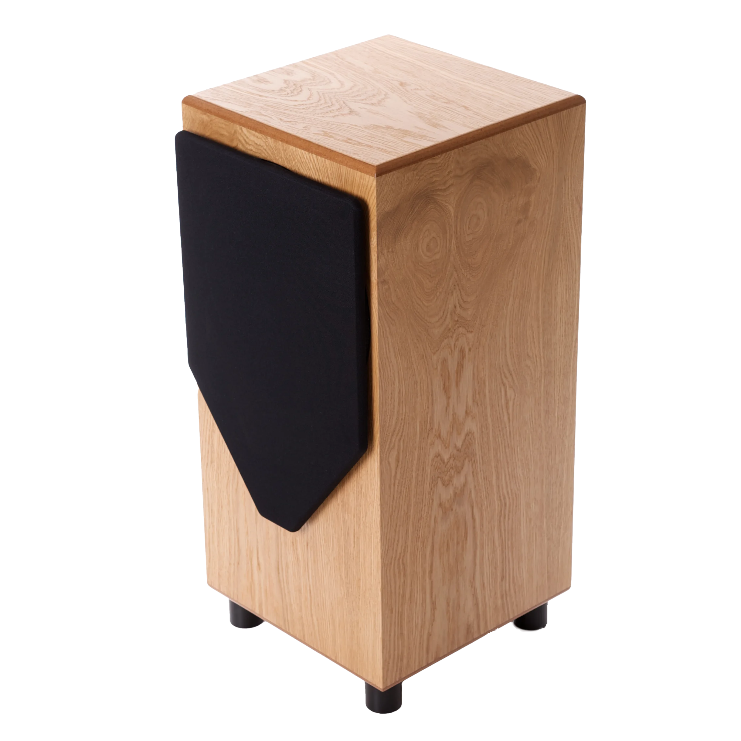 Wooden speaker cabinet with a black fabric grille on the side, standing on a base with rounded feet.
