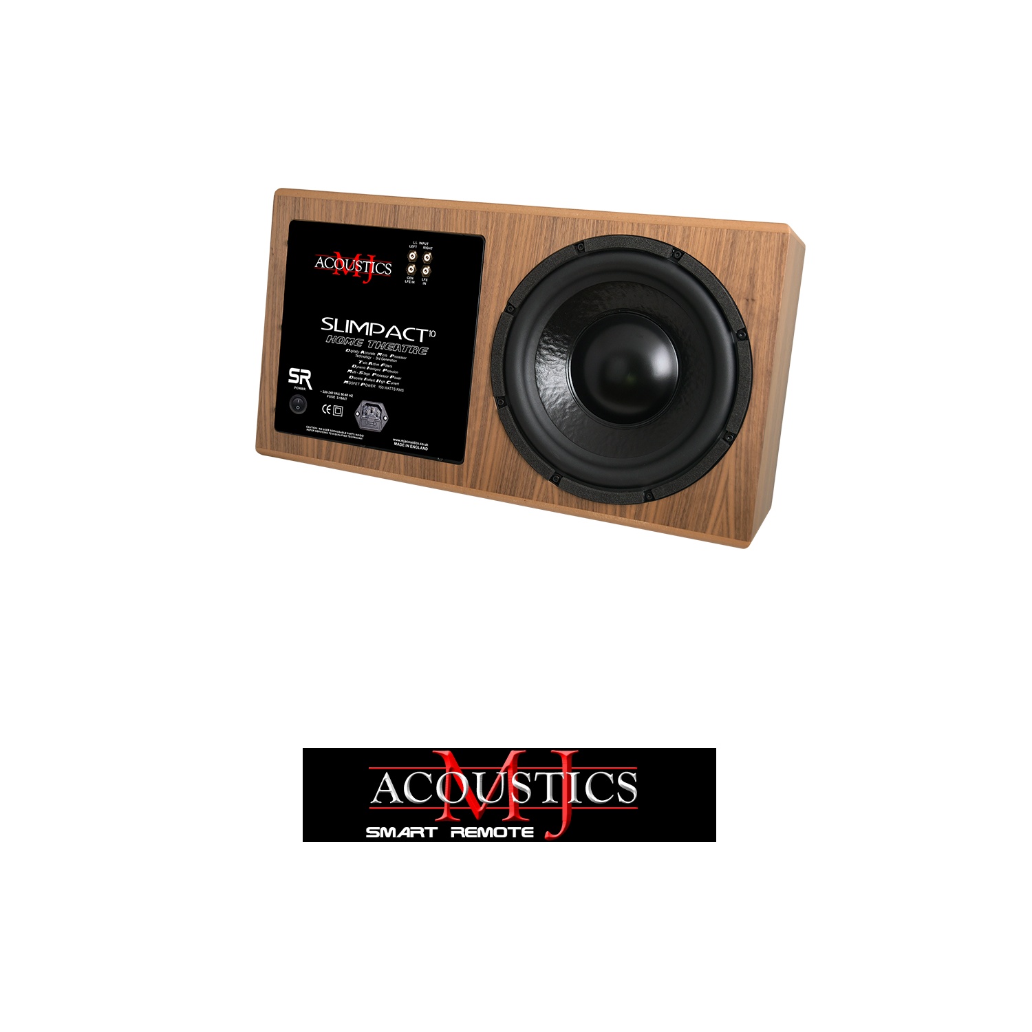 Wooden speaker cabinet with a large circular woofer and a black control panel featuring 'Acoustics' branding and Slimpaq/SLIMPACT text