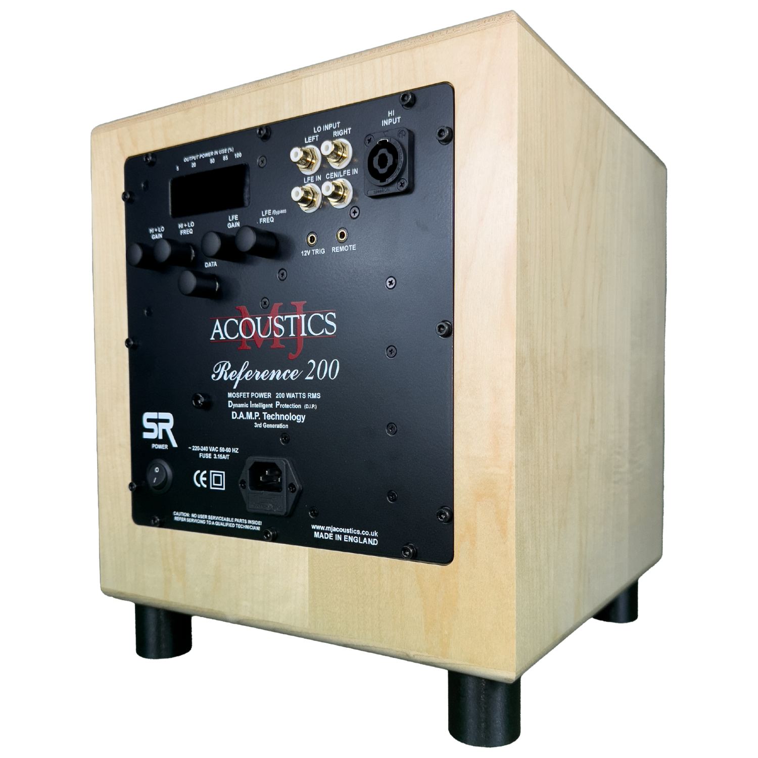 Back panel of a MJ Acoustics Reference 200 powered subwoofer mounted in a light wooden cabinet, showing input/ output connectors, knobs, and power switch.