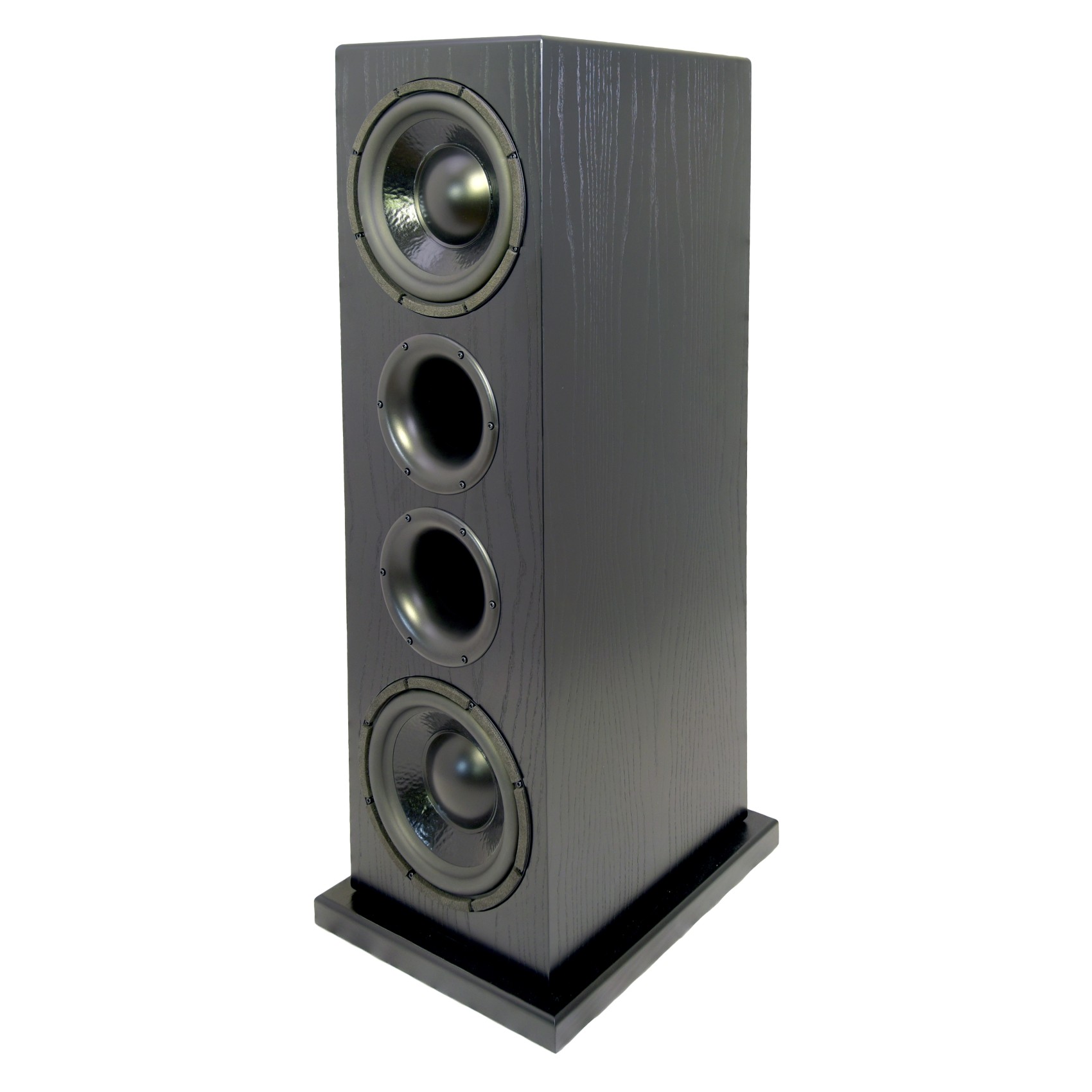 Tall black floor-standing speaker with multiple round drivers on the front panel and a sturdy base.