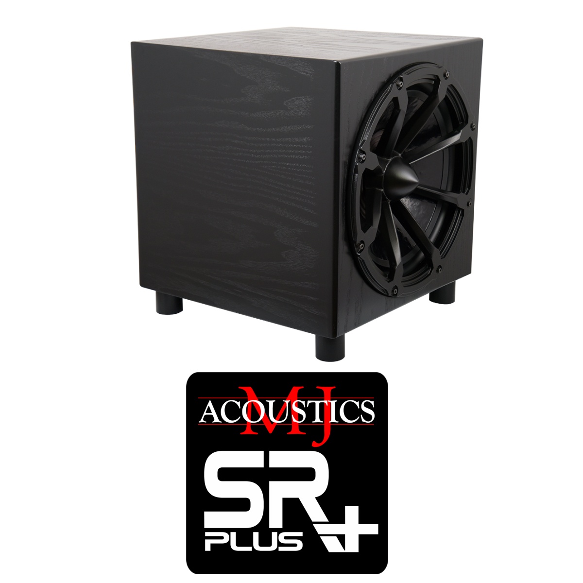Black cube subwoofer with a large circular front driver and short legs, pictured above a black MJ Acoustics SR Plus logo badge.