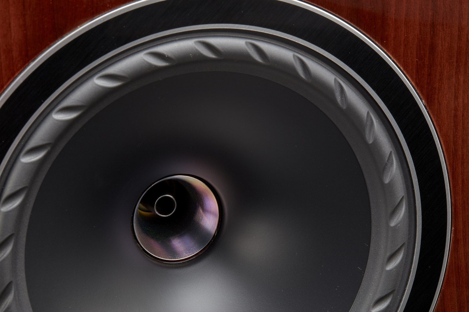 Close-up of a loudspeaker cone with a metallic rim and wooden cabinet visible in the background.