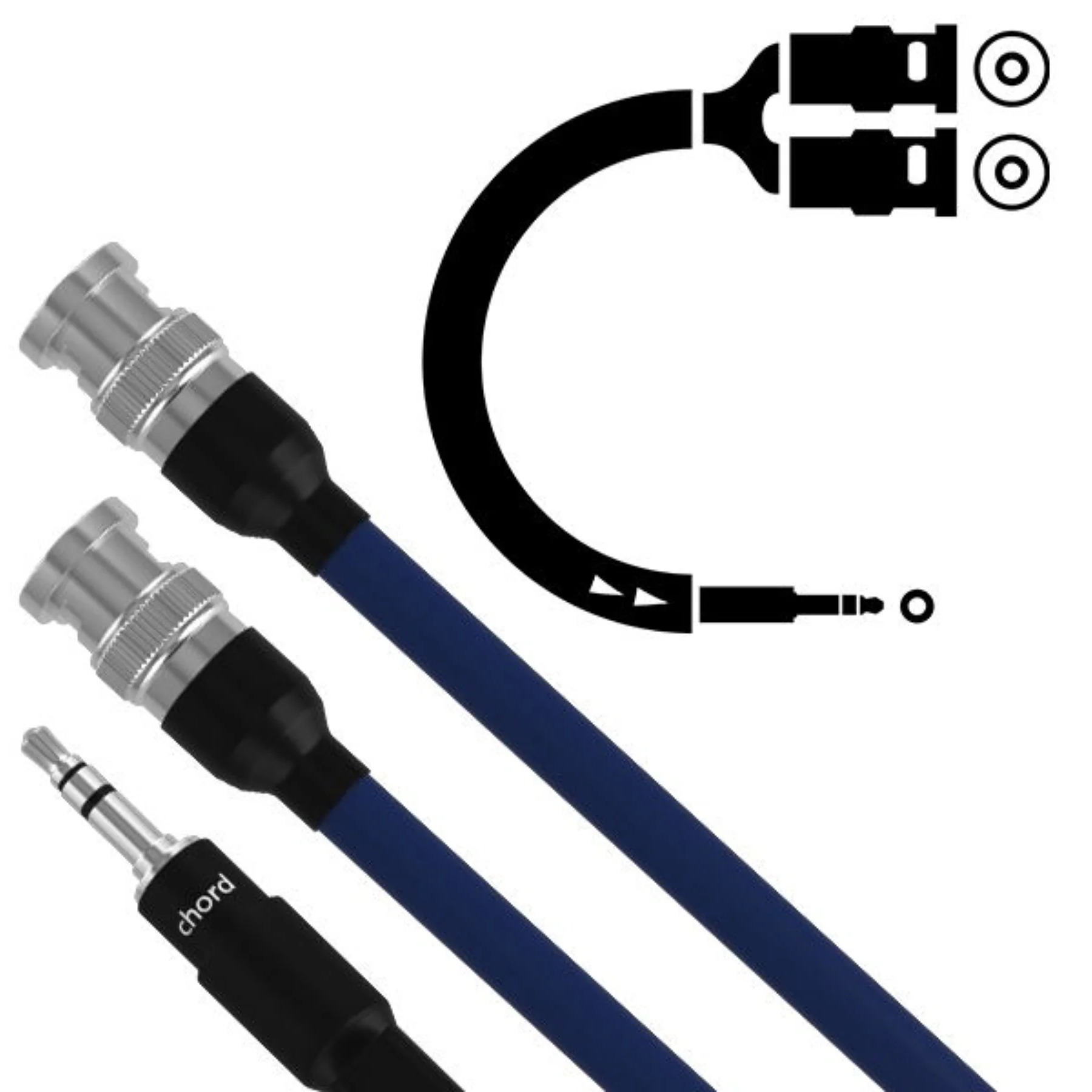 Blue and black cables with silver locking connectors, arranged diagonally on a white background.
