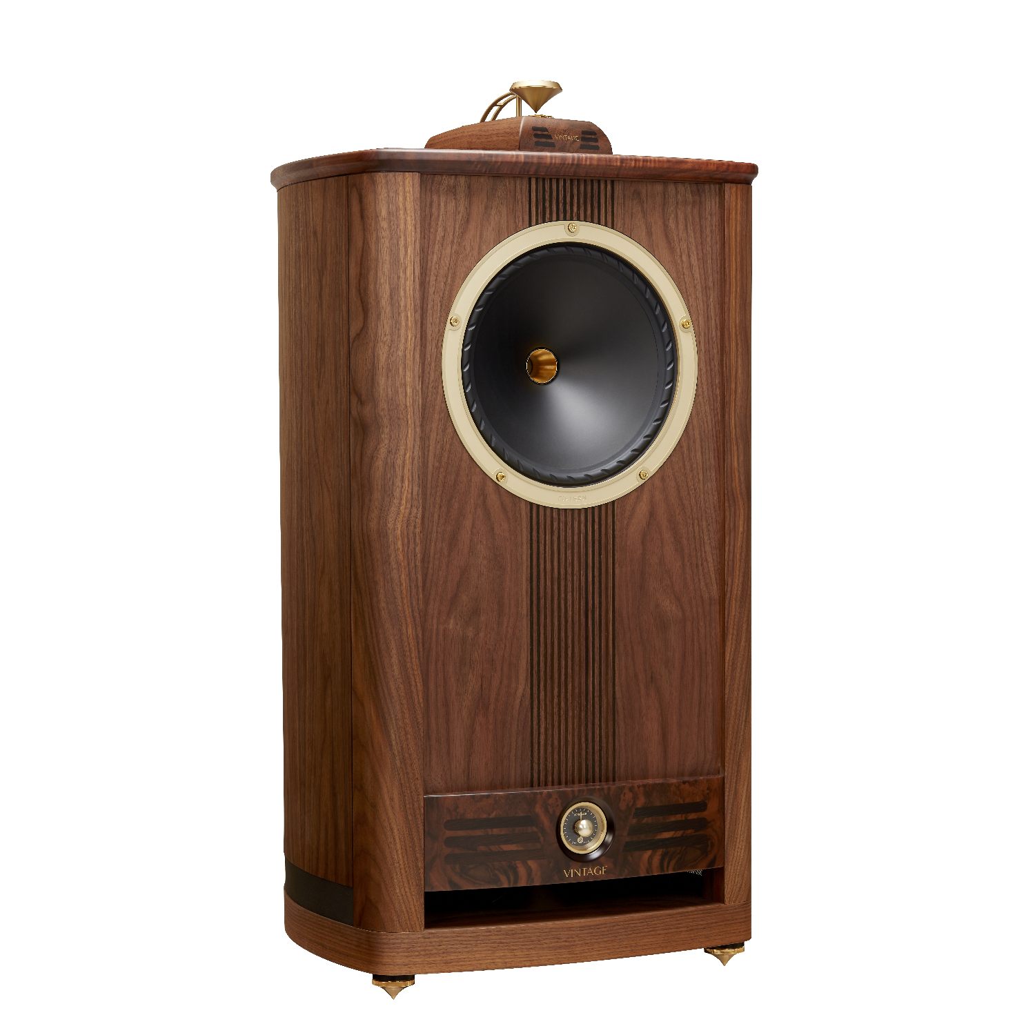 Tall vintage wooden floor-standing speaker with a large gold-rimmed driver and walnut finish