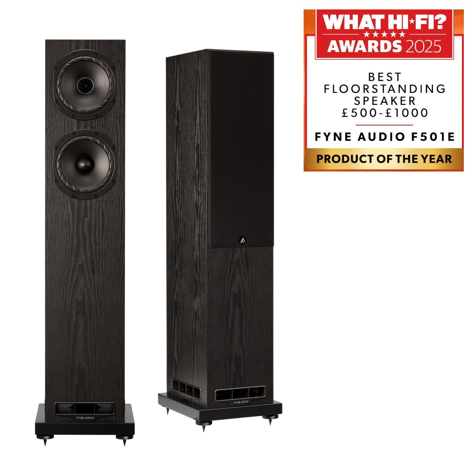 Pair of dark wood floorstanding speakers with visible drivers (Fyne Audio F501E); What Hi‑Fi? Awards 2025 badge visible in the top-right.