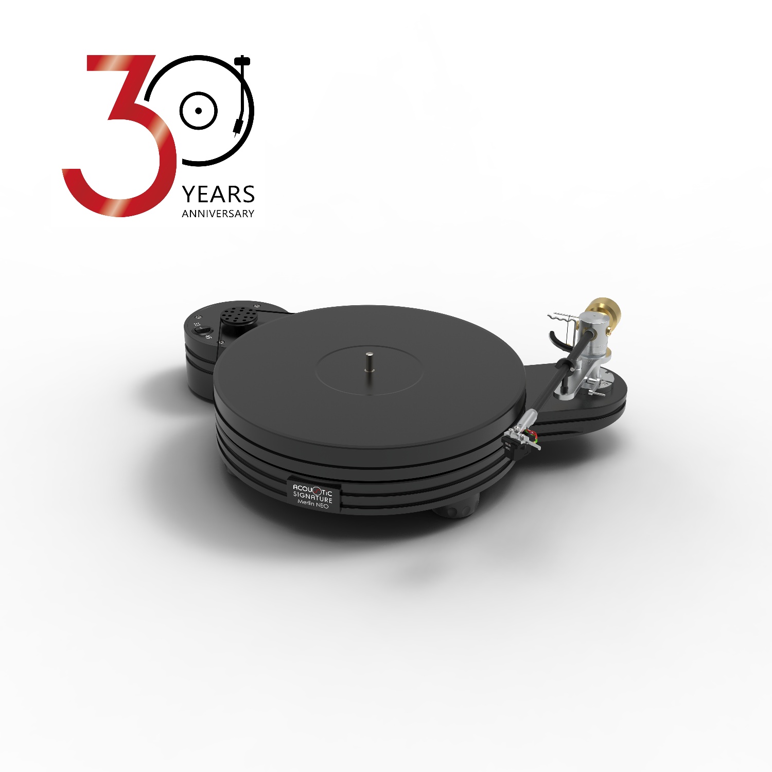 Новый проигрыватель "винила" Acoustic Signature Merlin NEO в черном анодированном металле и с установленным тонармом TA-500 NEO совмещен с памятным знаком в честь 30-летия фирмы