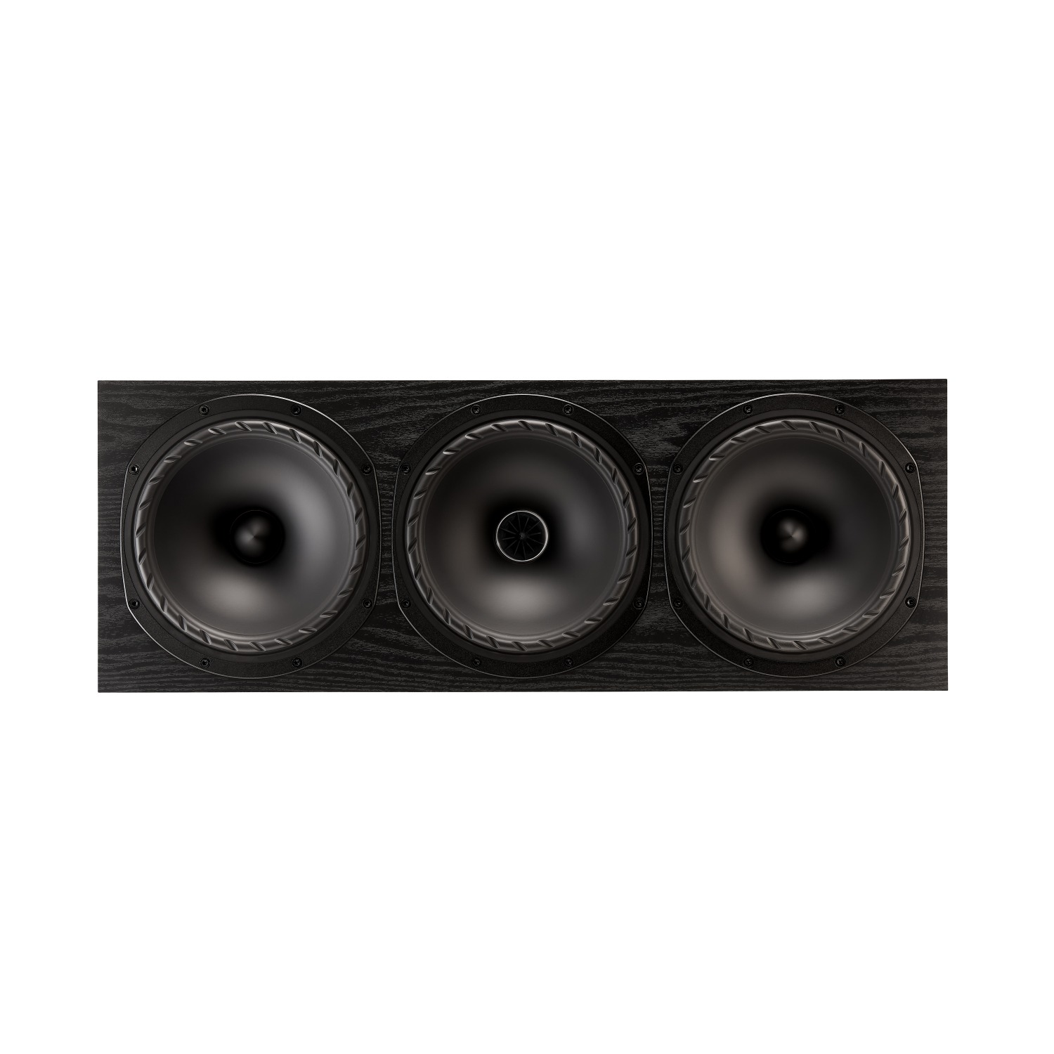 Акустическая система центрального канал Fyne Audio F502E LCR со снятой защитной сеткой. Отделка черная