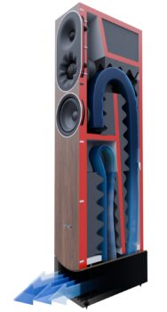 Vertical cutaway of a tall speaker cabinet showing two large drivers, red interior frame, and grey acoustic padding inside the enclosure.