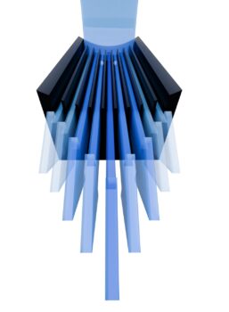 Abstract 3D blue and black fins forming a funnel-like cluster converging toward a central opening, viewed from above.