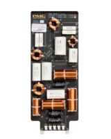 Prophecy-Circuit-Board-024-1536x1920px – NEXT Hi-Fi Vertical power PCB with multiple copper inductors, white ceramic capacitors, and rectangular resistors on a black silkscreened board.