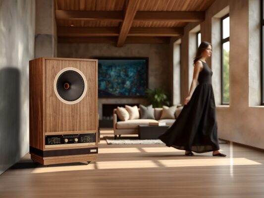Woman in a black dress walks across a sunlit living room with a large vintage wooden speaker in the foreground.
