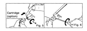 Step-by-step illustration: Panel 5 shows inserting a cartridge option and rotating to lock it; Panel 6 shows tightening with a tool on the handle.